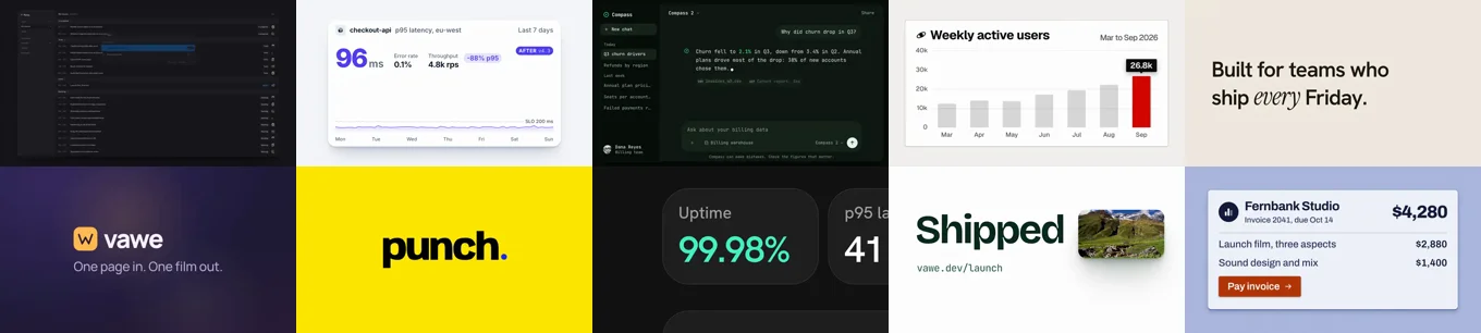 Ten move stills in two rows: a command palette, a metrics card, a chat stream, a bar chart, an editorial caption, a wordmark lockup, a yellow punch title, a metrics pair, a green shipped title and an invoice card
