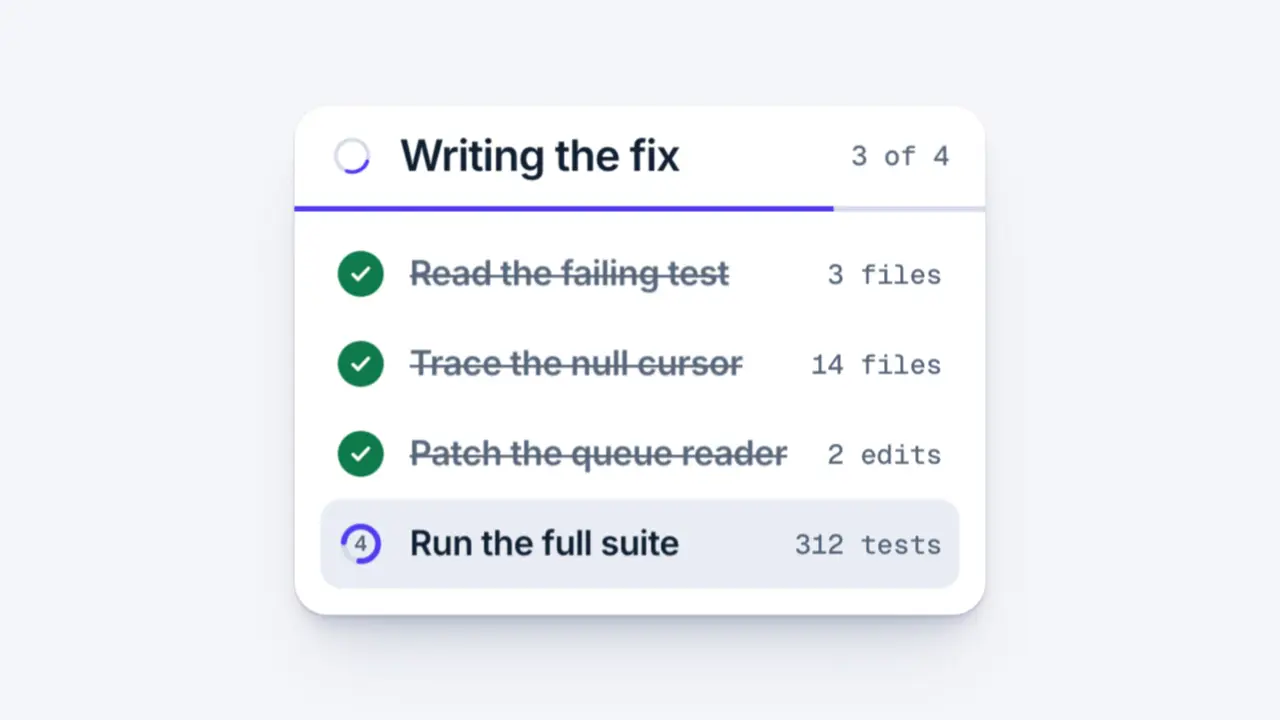 Agent progress: final frame of the product UI animation